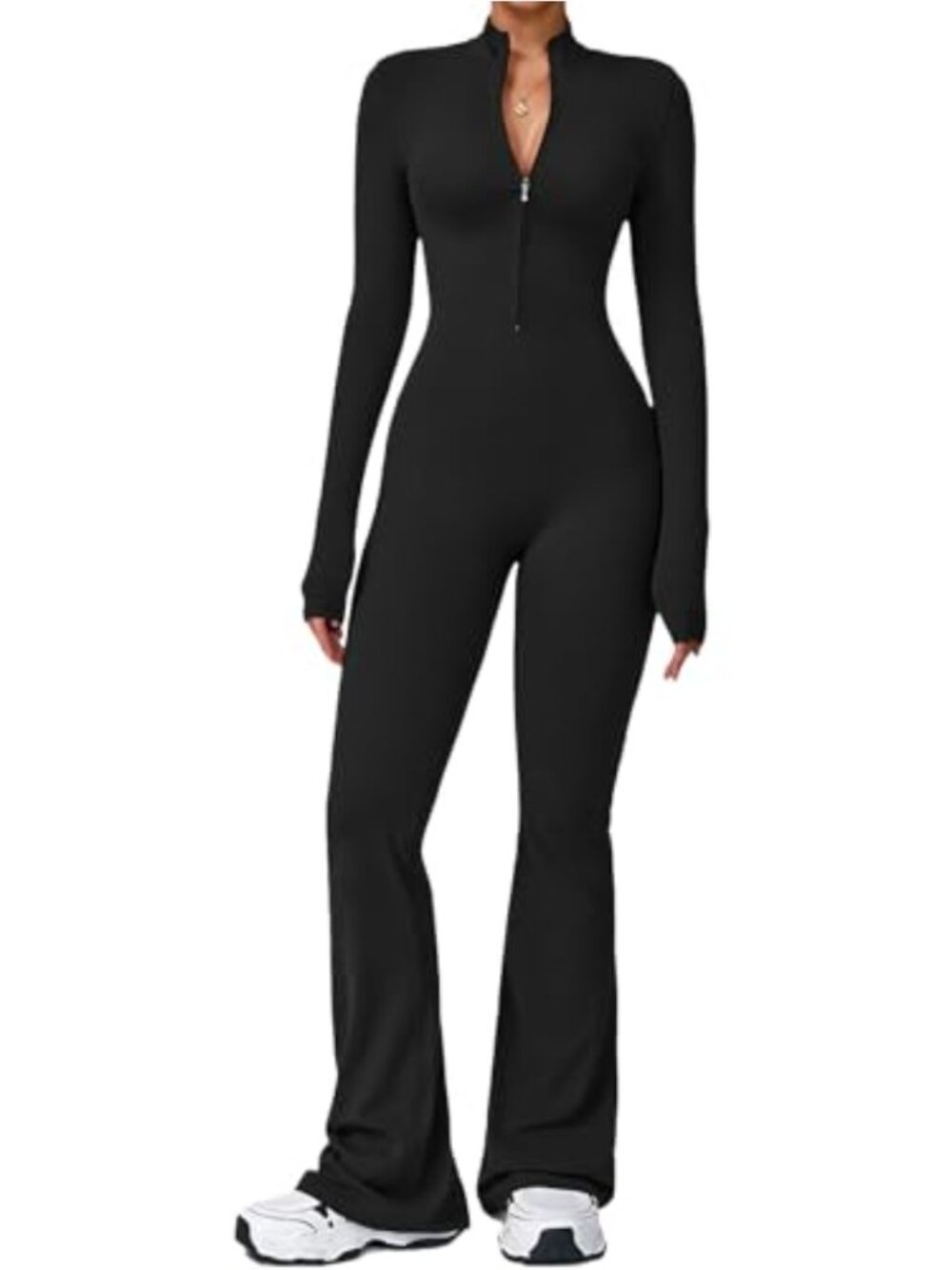 Women's Flared Workout Jumpsuit Zip Up Long Sleeve One Piece Romper